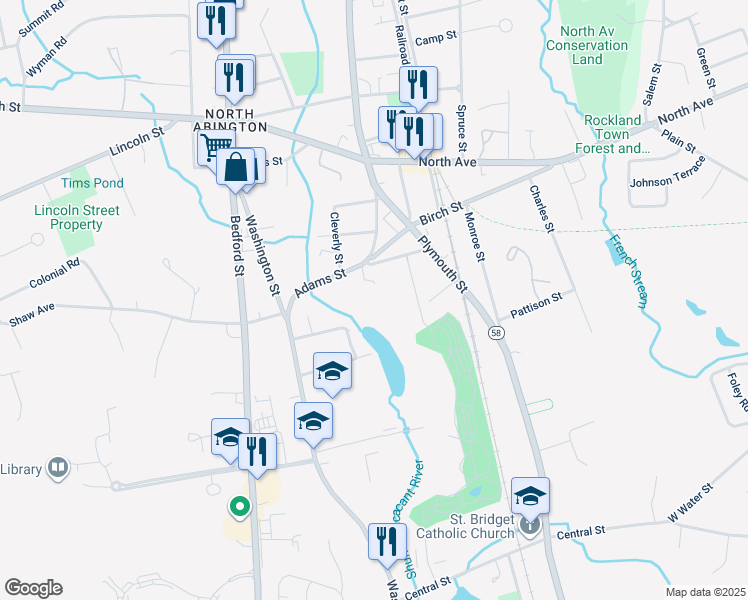 map of restaurants, bars, coffee shops, grocery stores, and more near 76 Lantern Lane in Abington