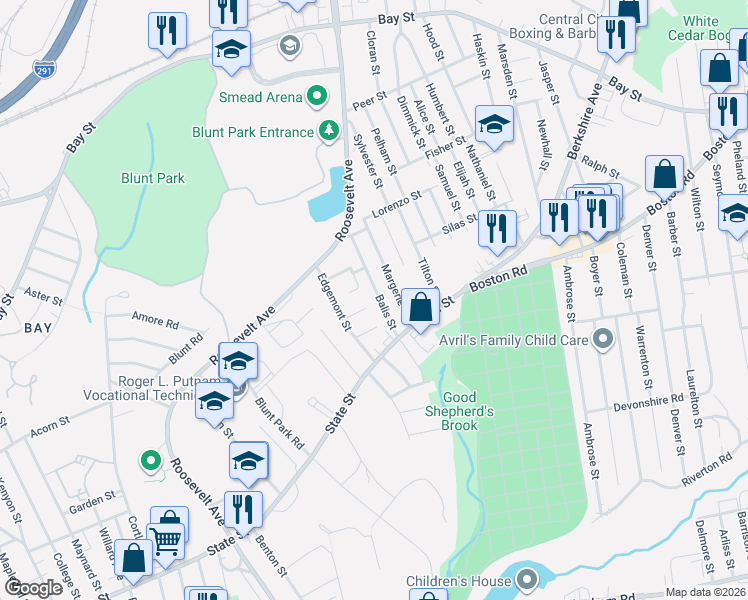 map of restaurants, bars, coffee shops, grocery stores, and more near 26 Eldert Street in Springfield