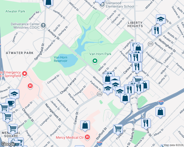 map of restaurants, bars, coffee shops, grocery stores, and more near 87-89 Parkside Street in Springfield