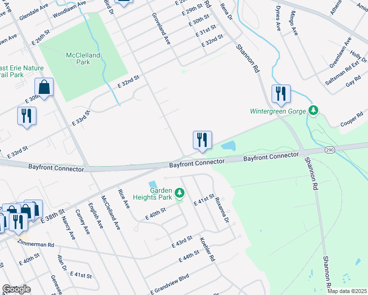 map of restaurants, bars, coffee shops, grocery stores, and more near 2640 East 38th Street in Erie