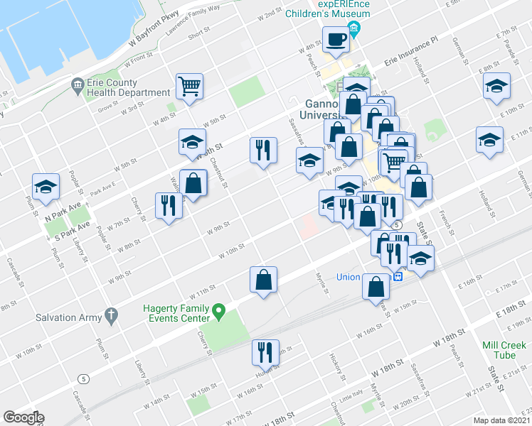 map of restaurants, bars, coffee shops, grocery stores, and more near 356 West 10th Street in Erie