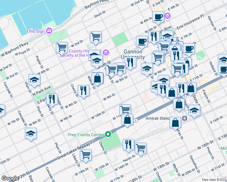 map of restaurants, bars, coffee shops, grocery stores, and more near 417 West 9th Street in Erie