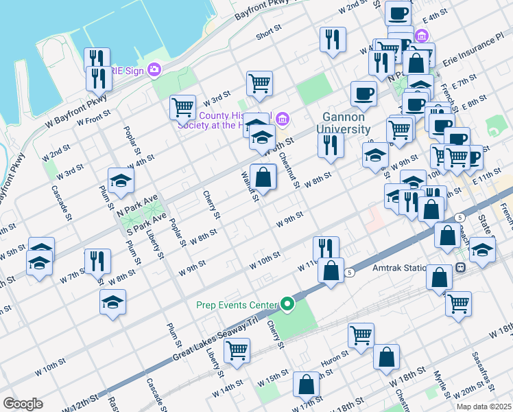 map of restaurants, bars, coffee shops, grocery stores, and more near 519 West 8th Street in Erie