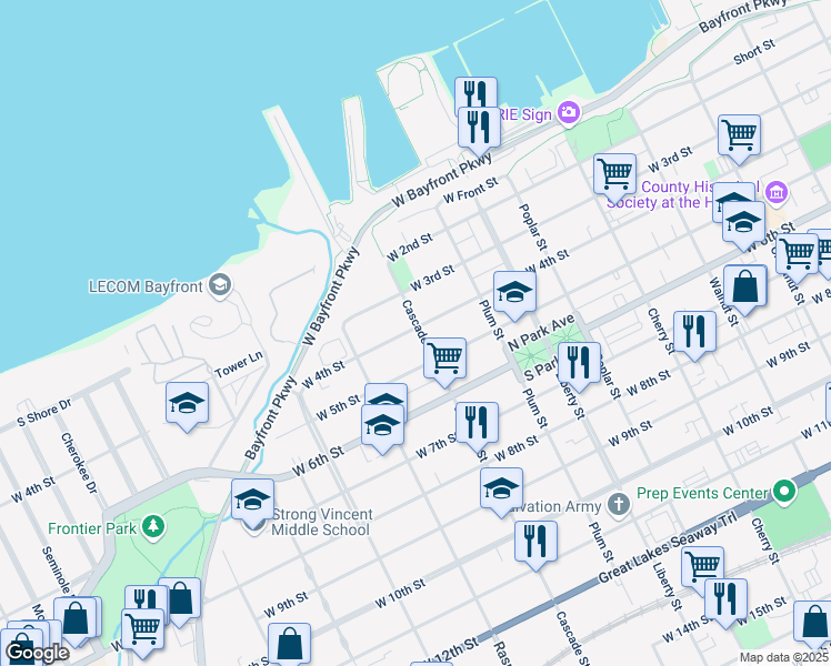 map of restaurants, bars, coffee shops, grocery stores, and more near 418 Cascade Street in Erie