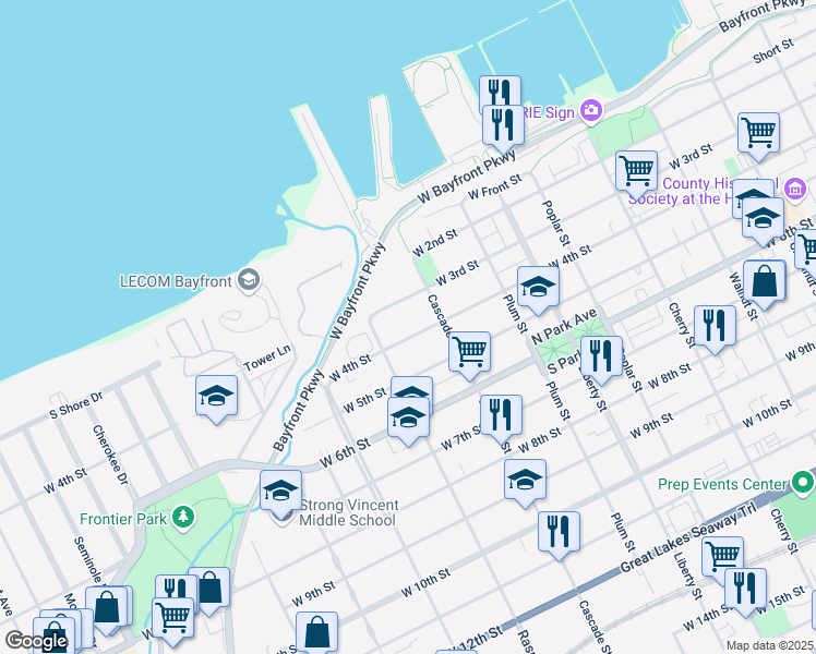 map of restaurants, bars, coffee shops, grocery stores, and more near 1049 West 4th Street in Erie