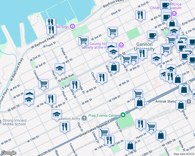 map of restaurants, bars, coffee shops, grocery stores, and more near 555 West 7th Street in Erie