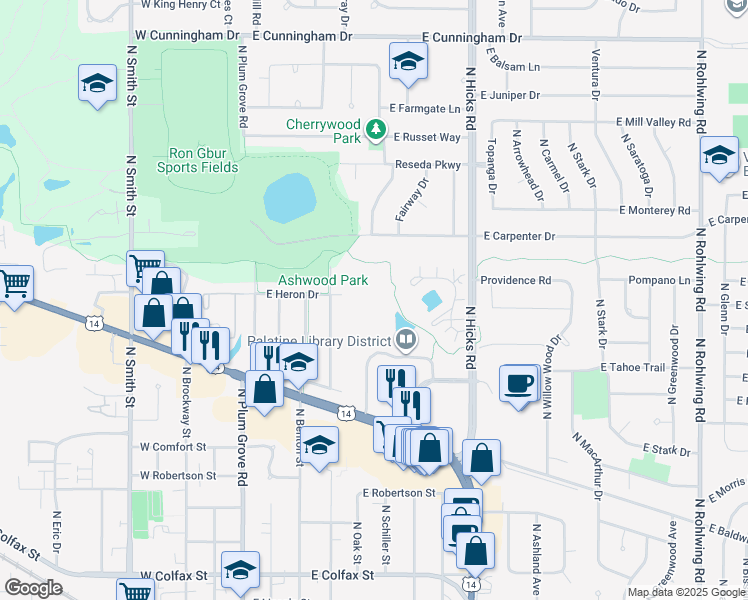 map of restaurants, bars, coffee shops, grocery stores, and more near 1 Renaissance Place in Palatine