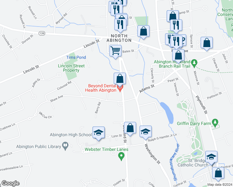map of restaurants, bars, coffee shops, grocery stores, and more near 690 Bedford Street in Abington
