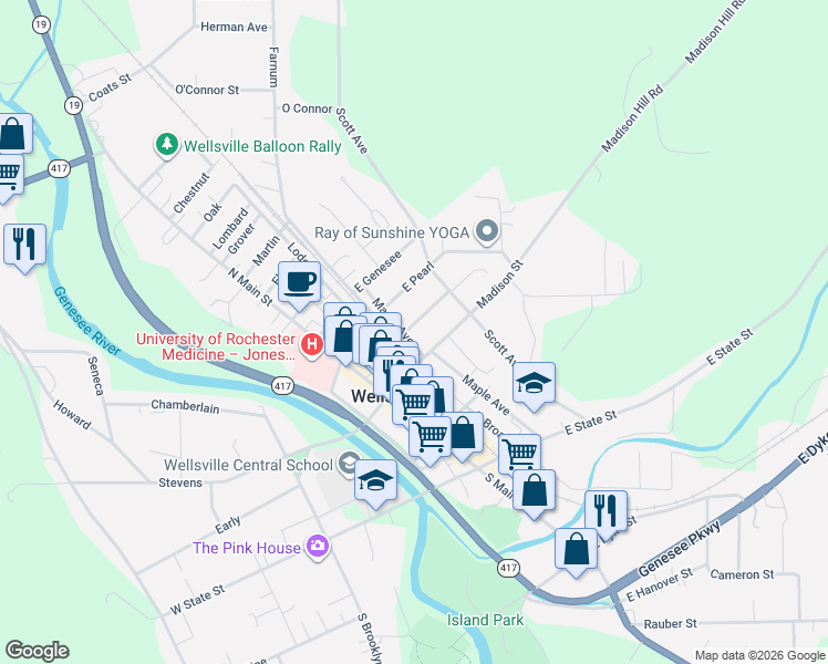 map of restaurants, bars, coffee shops, grocery stores, and more near 44 Jefferson in Wellsville