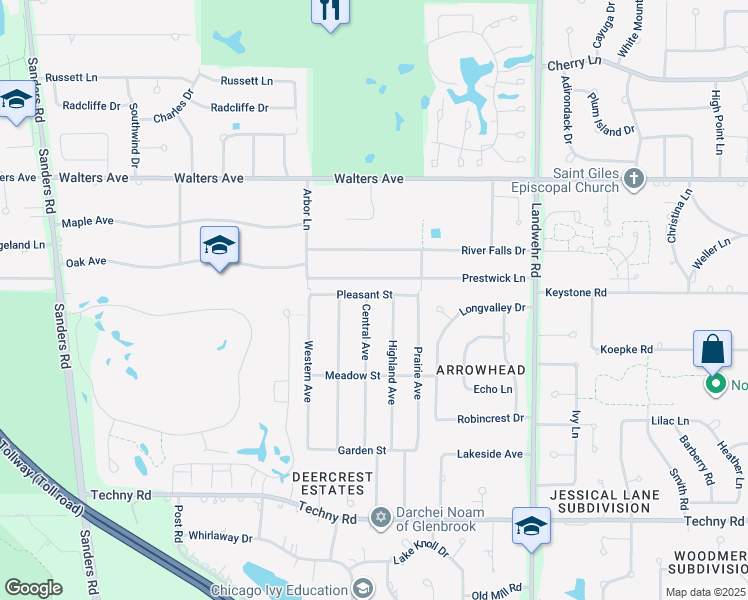 map of restaurants, bars, coffee shops, grocery stores, and more near 1601 Central Avenue in Northbrook