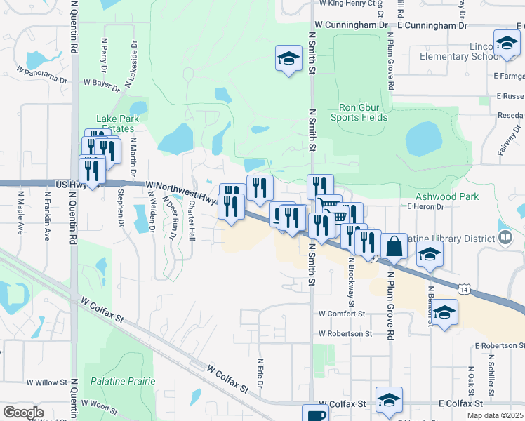 map of restaurants, bars, coffee shops, grocery stores, and more near 325 West Northwest Highway in Palatine
