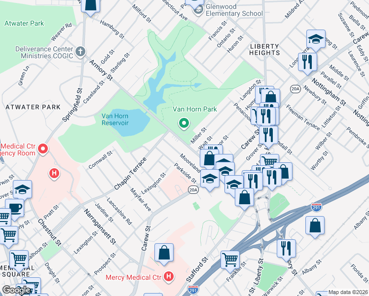 map of restaurants, bars, coffee shops, grocery stores, and more near 592 Armory Street in Springfield