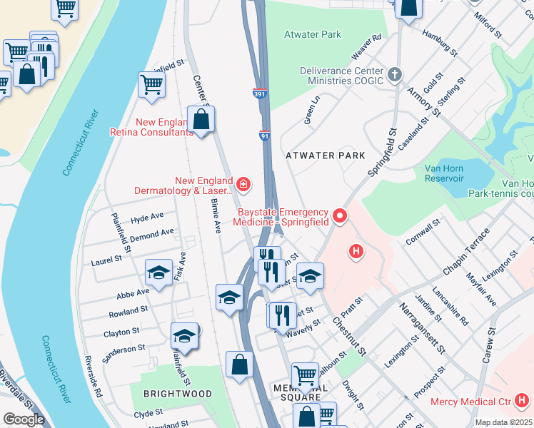 map of restaurants, bars, coffee shops, grocery stores, and more near Interstate 91 in Springfield