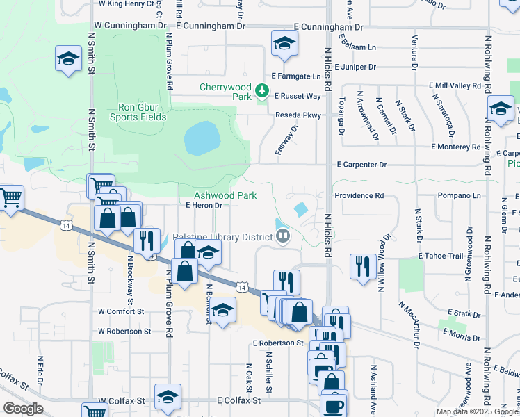 map of restaurants, bars, coffee shops, grocery stores, and more near 1 Renaissance Place in Palatine