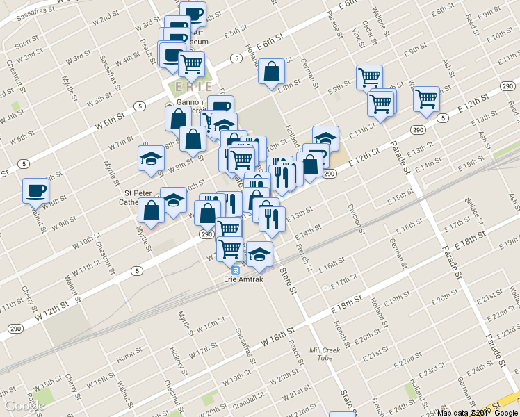 map of restaurants, bars, coffee shops, grocery stores, and more near 26 E 12th St in Erie