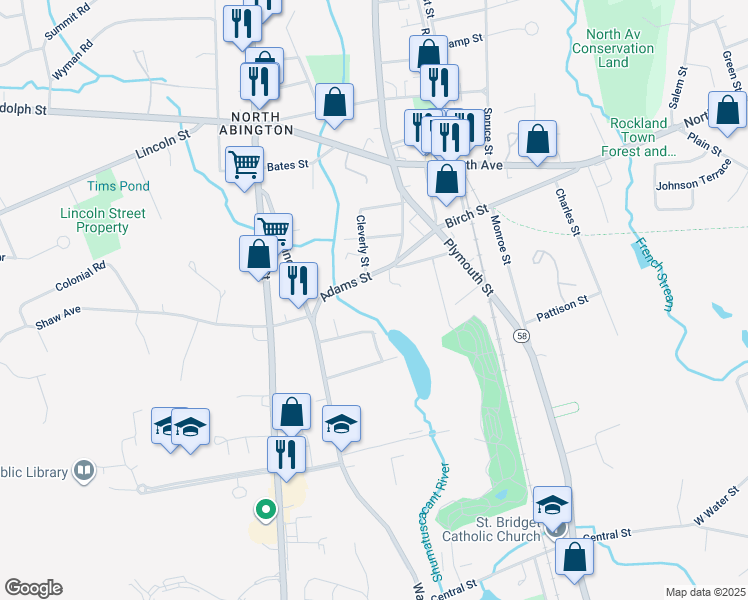 map of restaurants, bars, coffee shops, grocery stores, and more near 54 Lantern Lane in Abington