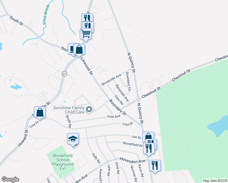 map of restaurants, bars, coffee shops, grocery stores, and more near 31 Gary Road in Brockton