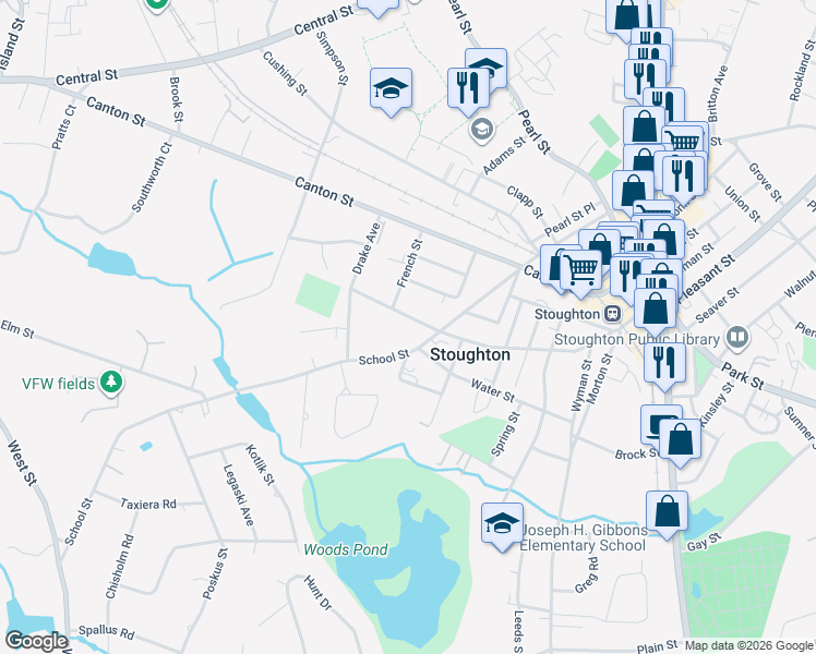map of restaurants, bars, coffee shops, grocery stores, and more near 325 School Street in Stoughton