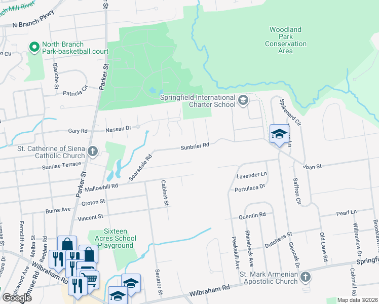 map of restaurants, bars, coffee shops, grocery stores, and more near 112 Clydesdale Lane in Springfield