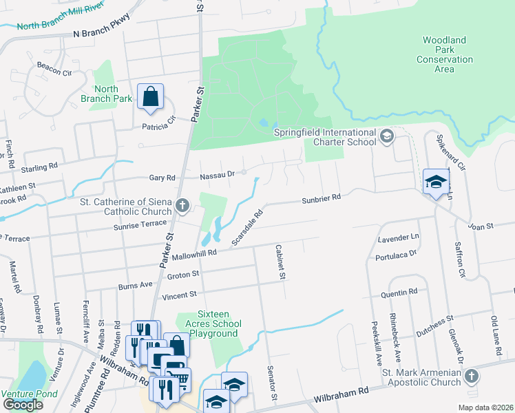 map of restaurants, bars, coffee shops, grocery stores, and more near 30 Clydesdale Lane in Springfield
