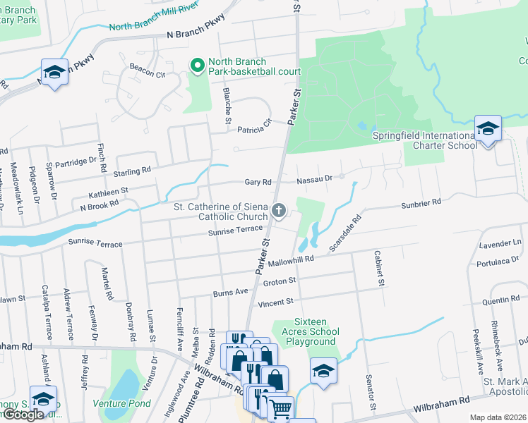 map of restaurants, bars, coffee shops, grocery stores, and more near 16 Sunrise Terrace in Springfield