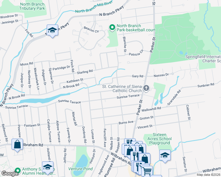 map of restaurants, bars, coffee shops, grocery stores, and more near 134 Sunrise Terrace in Springfield