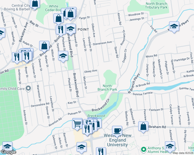 map of restaurants, bars, coffee shops, grocery stores, and more near 57 Herbert Avenue in Springfield