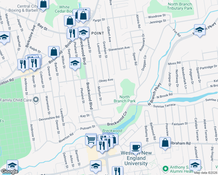 map of restaurants, bars, coffee shops, grocery stores, and more near 57 Herbert Avenue in Springfield