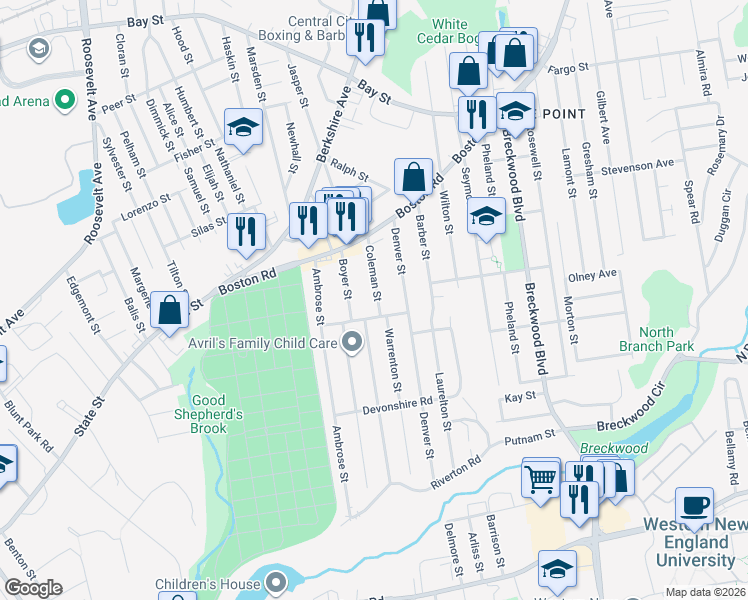 map of restaurants, bars, coffee shops, grocery stores, and more near 55 Embury Street in Springfield