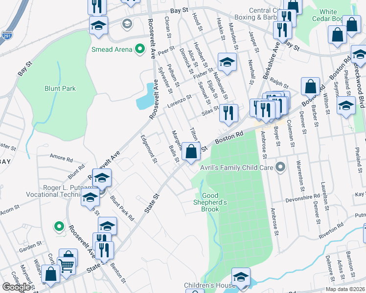 map of restaurants, bars, coffee shops, grocery stores, and more near 21-23 Margerie Street in Springfield