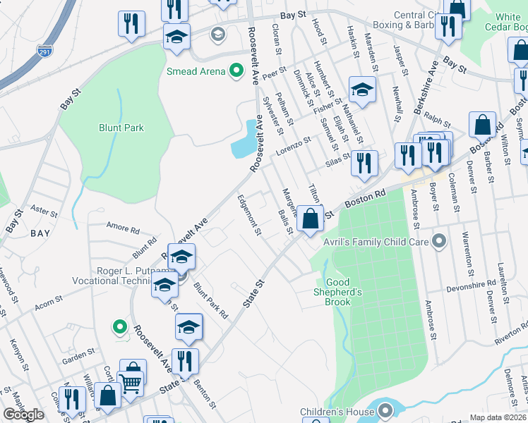 map of restaurants, bars, coffee shops, grocery stores, and more near 62 Edgemont Street in Springfield