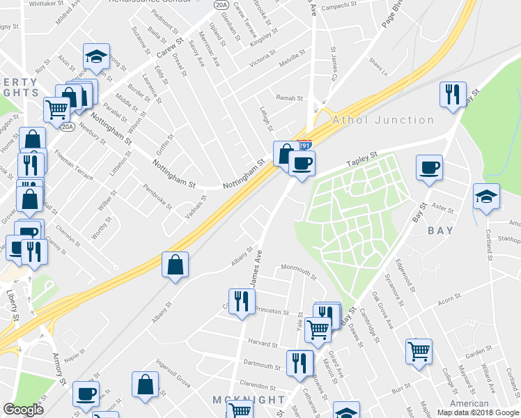 map of restaurants, bars, coffee shops, grocery stores, and more near 504 Saint James Avenue in Springfield