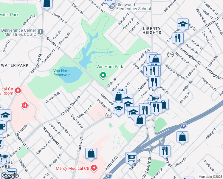 map of restaurants, bars, coffee shops, grocery stores, and more near 65 Mooreland Street in Springfield