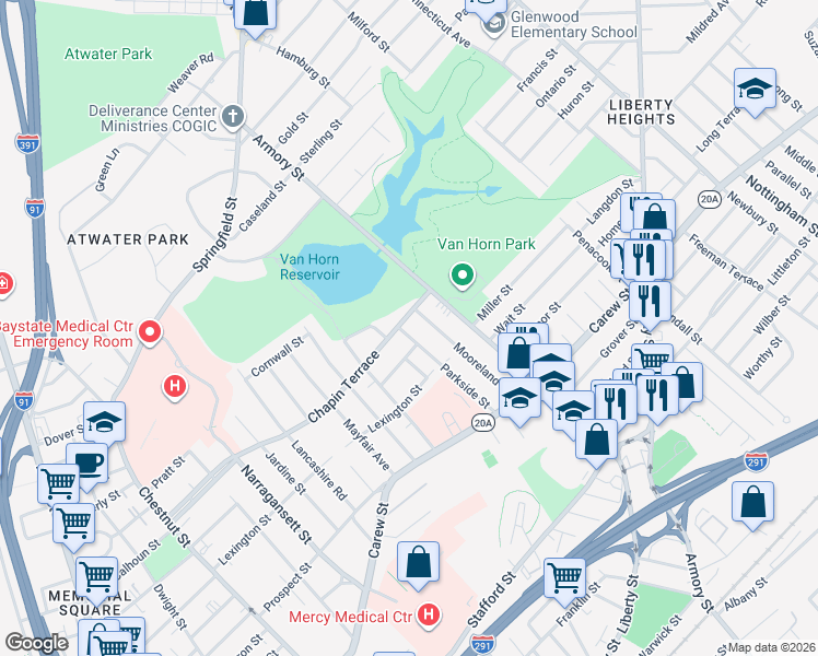 map of restaurants, bars, coffee shops, grocery stores, and more near 592 Armory Street in Springfield