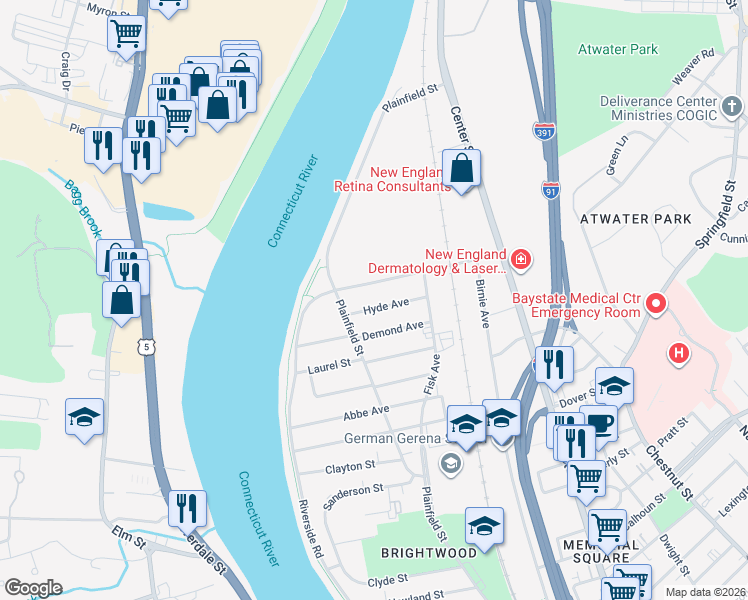 map of restaurants, bars, coffee shops, grocery stores, and more near 15 Hyde Avenue in Springfield