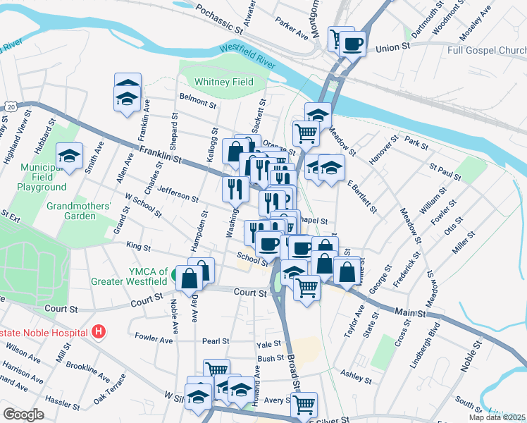 map of restaurants, bars, coffee shops, grocery stores, and more near 26 Arnold Street in Westfield