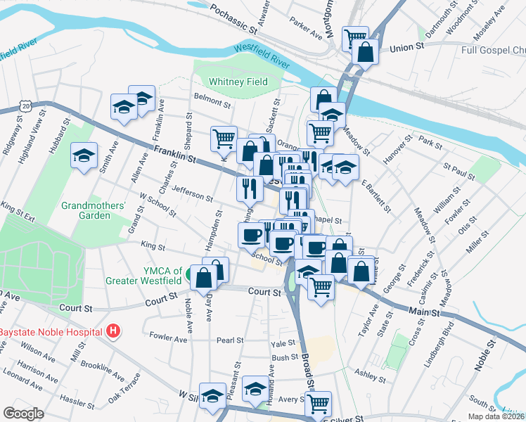 map of restaurants, bars, coffee shops, grocery stores, and more near 26 Arnold Street in Westfield