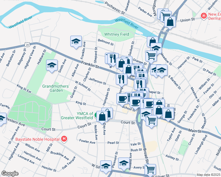 map of restaurants, bars, coffee shops, grocery stores, and more near 27 Hampden Street in Westfield