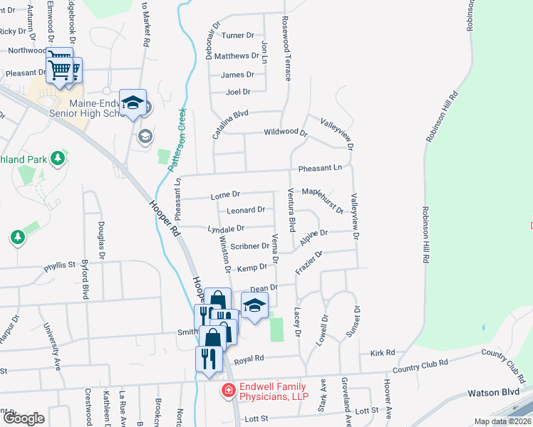 map of restaurants, bars, coffee shops, grocery stores, and more near 3638 Lyndale Drive in Endicott