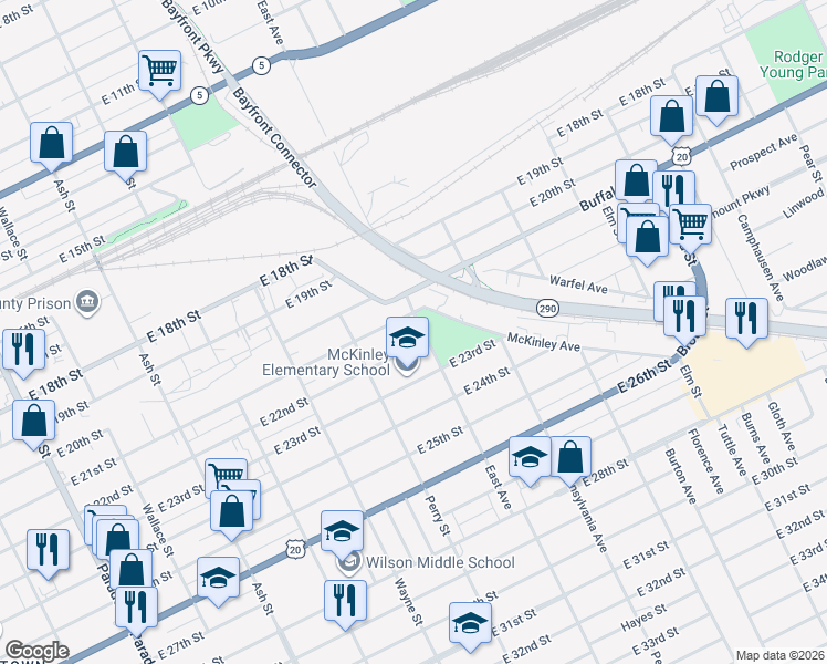 map of restaurants, bars, coffee shops, grocery stores, and more near 2212 East Avenue in Erie