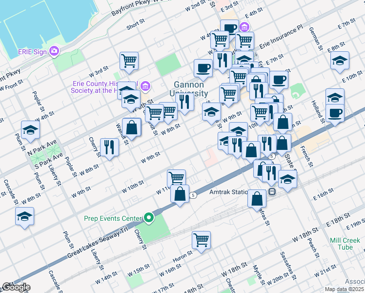 map of restaurants, bars, coffee shops, grocery stores, and more near 315 West 10th Street in Erie