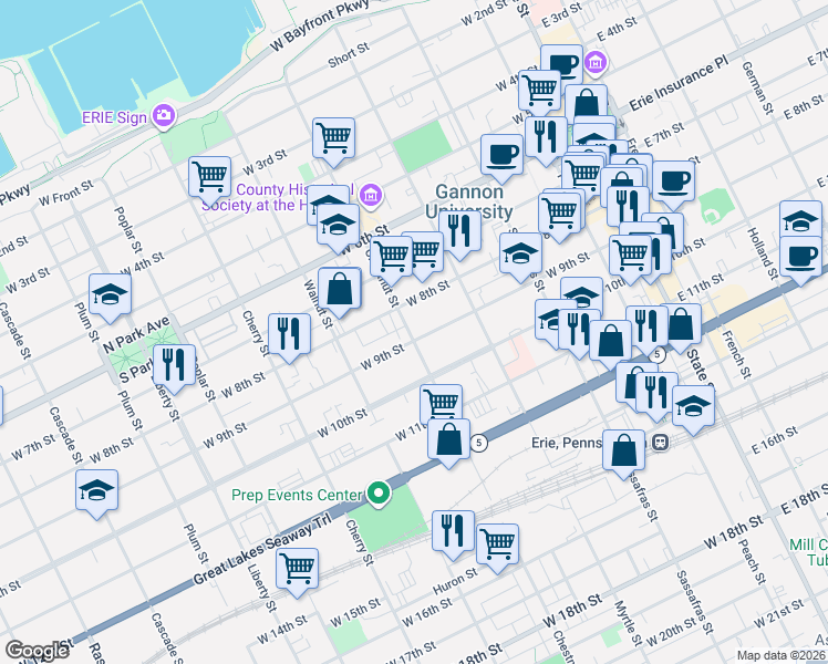 map of restaurants, bars, coffee shops, grocery stores, and more near 417 West 9th Street in Erie