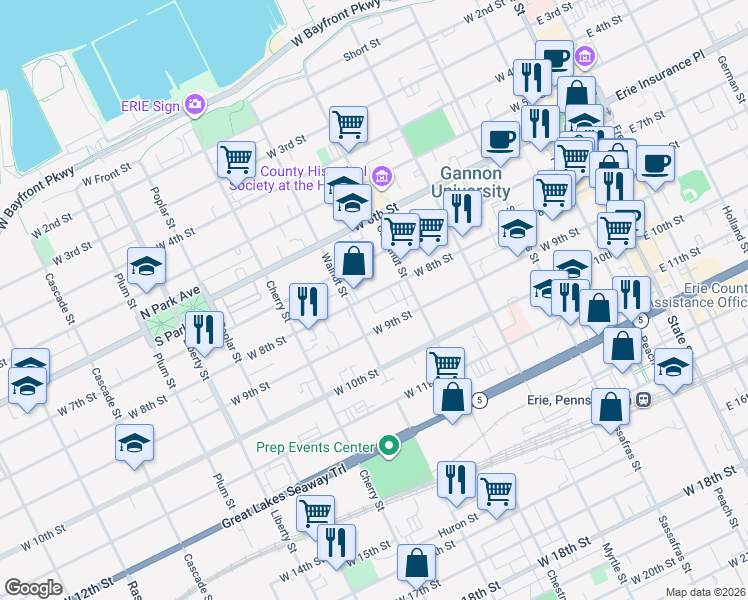 map of restaurants, bars, coffee shops, grocery stores, and more near 454 West 9th Street in Erie