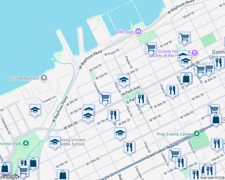 map of restaurants, bars, coffee shops, grocery stores, and more near 6 West Street in Erie