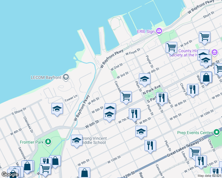 map of restaurants, bars, coffee shops, grocery stores, and more near 1049 West 4th Street in Erie
