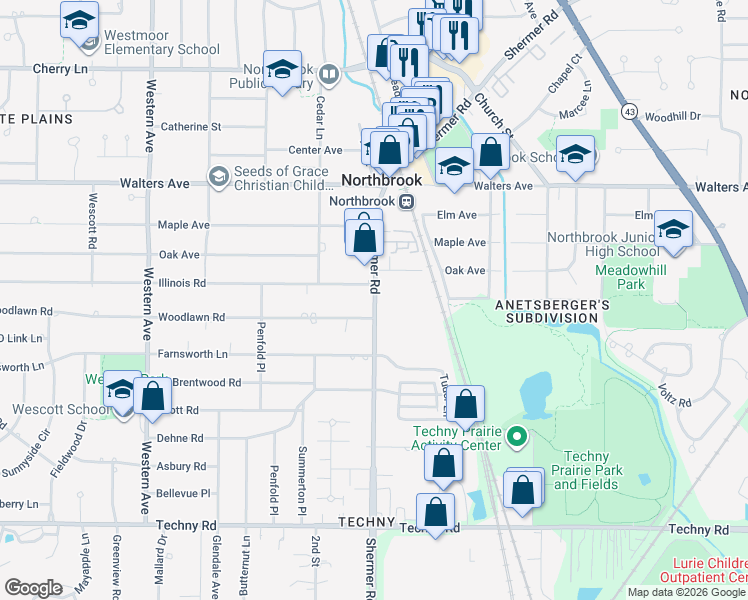 map of restaurants, bars, coffee shops, grocery stores, and more near 1656 Shermer Road in Northbrook