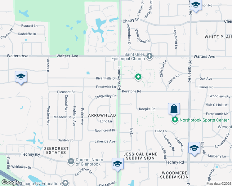 map of restaurants, bars, coffee shops, grocery stores, and more near 1629 Longvalley Drive in Northbrook