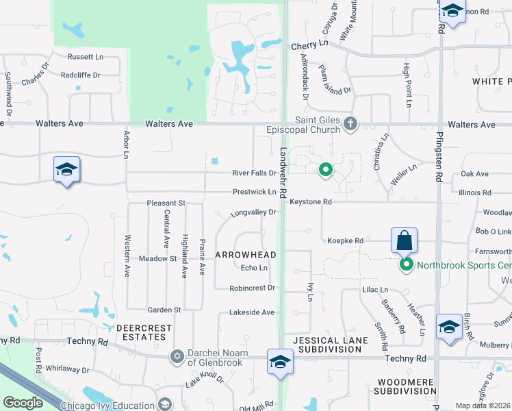map of restaurants, bars, coffee shops, grocery stores, and more near 1629 Longvalley Drive in Northbrook