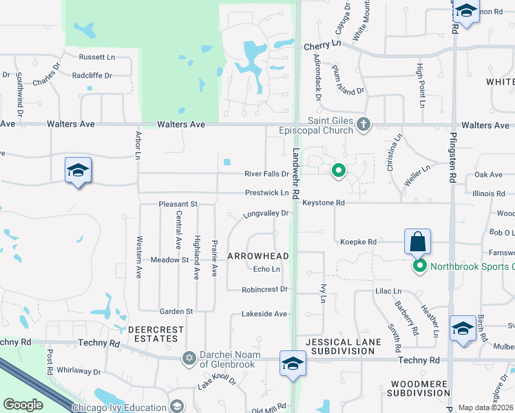map of restaurants, bars, coffee shops, grocery stores, and more near 1649 Longvalley Drive in Northbrook