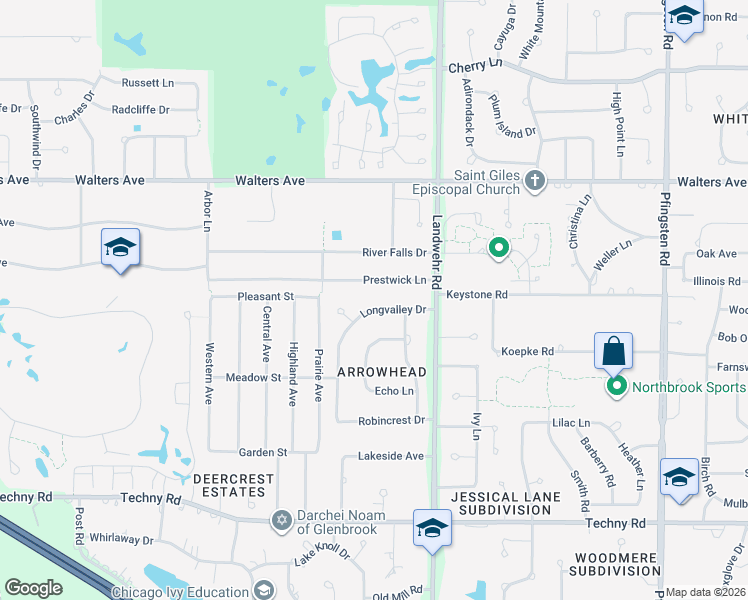 map of restaurants, bars, coffee shops, grocery stores, and more near 1649 Longvalley Drive in Northbrook